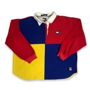 VTG 90s Tommy Hilfiger Colorblock Classic Retro Fleece Collard Polo M Flag Red
